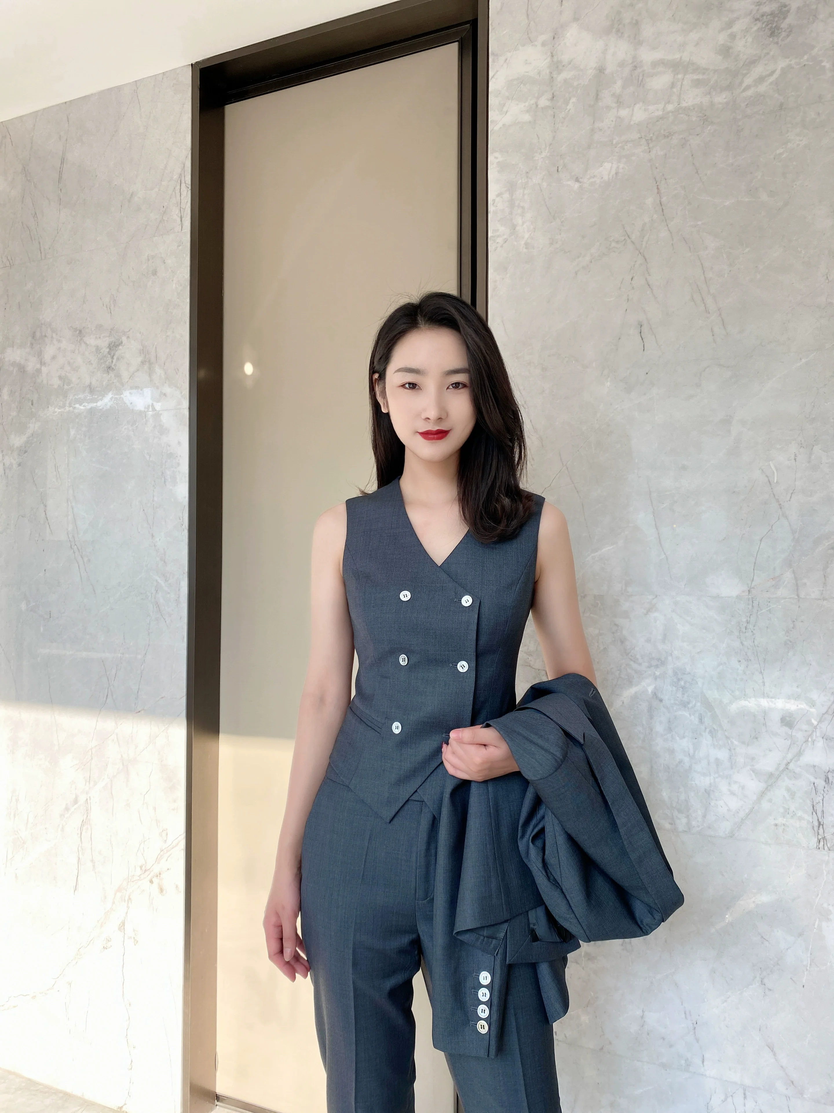 Women's Dark Grey Spring Autumn 3-Piece Suit Vest & Trousers - Image 3