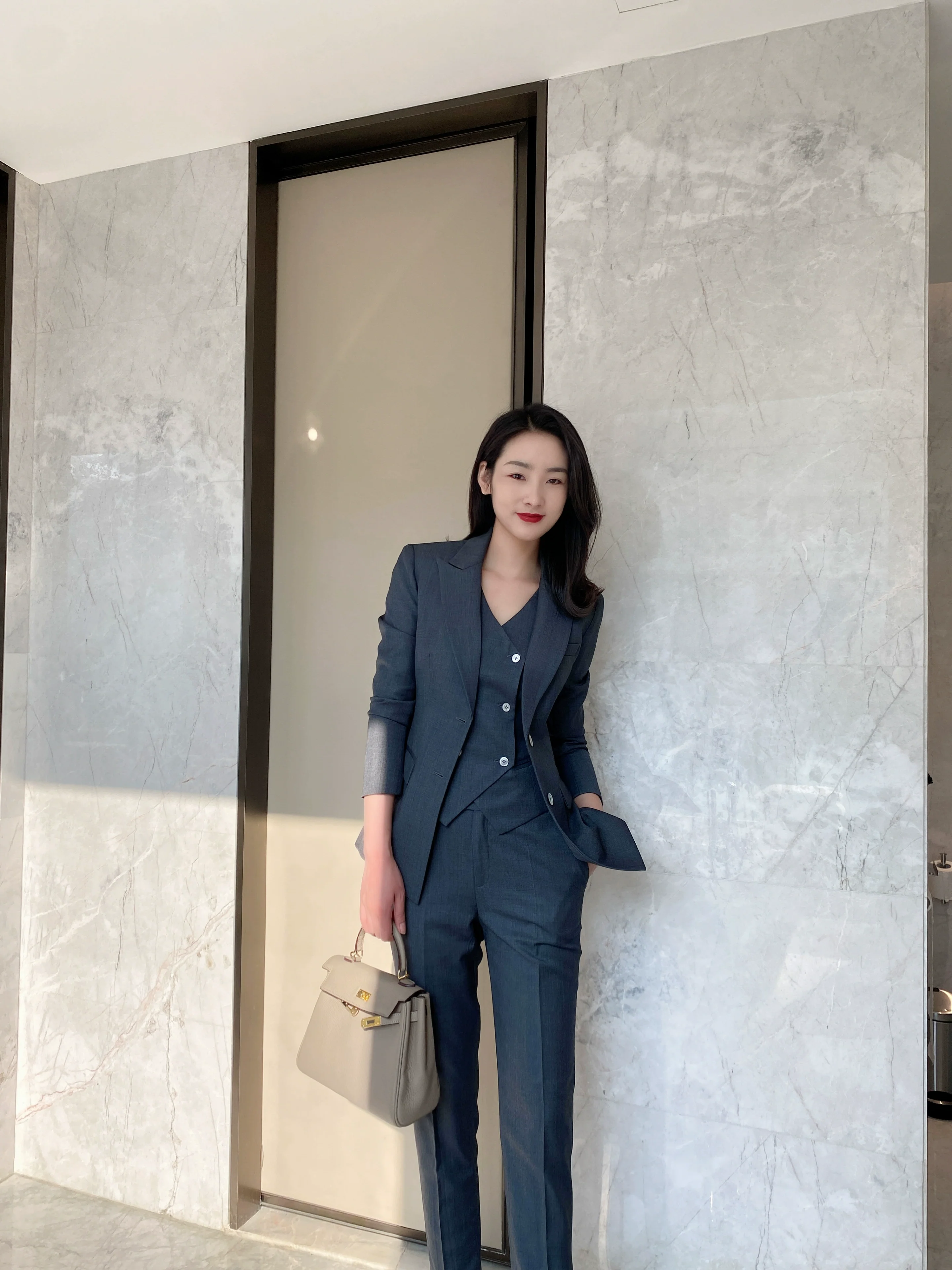 Women's Dark Grey Spring Autumn 3-Piece Suit Vest & Trousers - Image 4