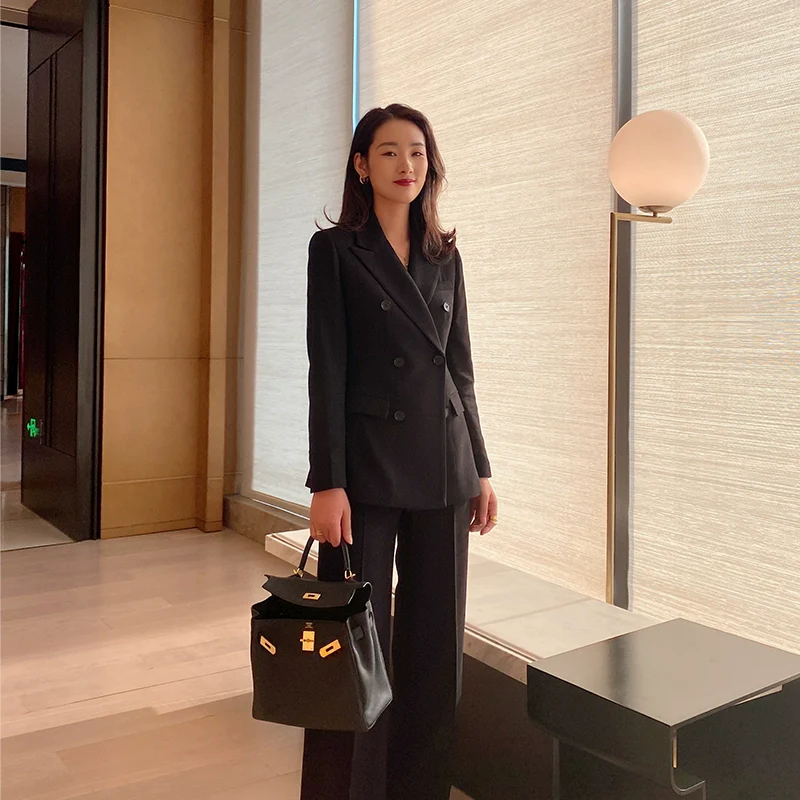 Women's Demi-Season Woolen Suit Jacket & Trousers Set Classic Black - Image 6